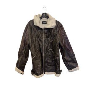Members Only Brown Faux Leather Sherpa-Lined Aviator Jacket